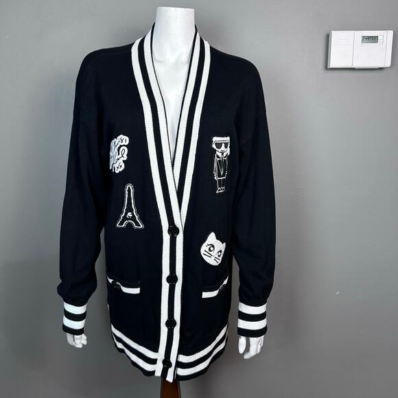 Karl Lagerfeld Varsity sweater cardigan Medium Cats Black Witchy Goth Patchwork - Picture 7 of 13